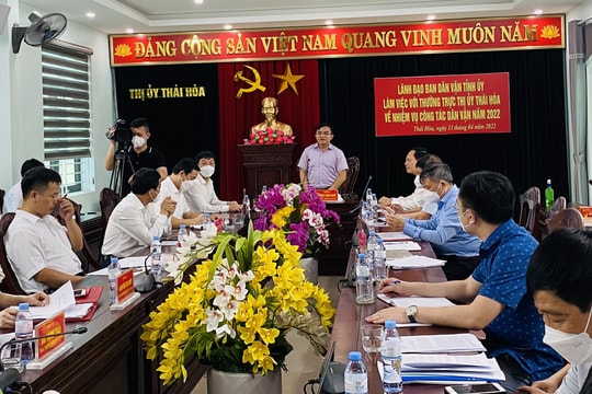 Đoàn công tác Ban Dân vận Tỉnh ủy làm việc tại Thị ủy Thái Hòa