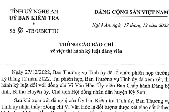 Thông cáo báo chí về việc thi hành kỷ luật đảng viên 