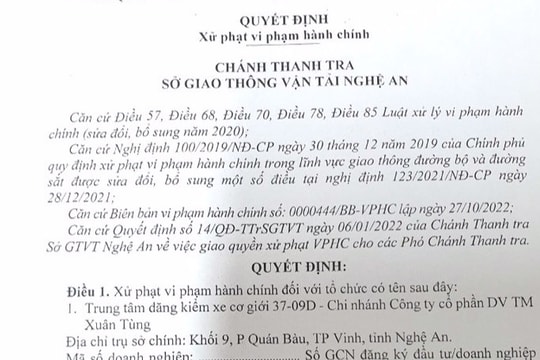 Nghệ An: Xử phạt vi phạm hành chính 2 trung tâm đăng kiểm xe cơ giới