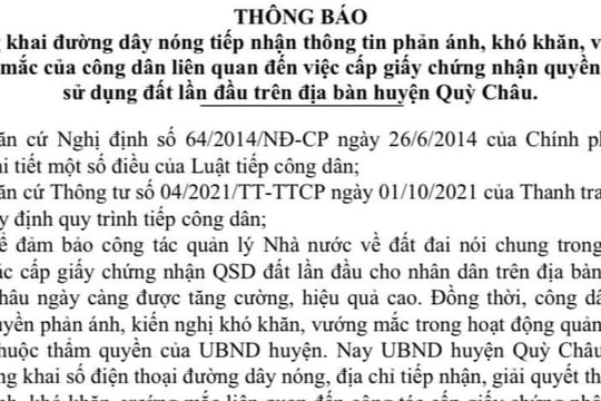 Huyện vùng cao Nghệ An công khai 'đường dây nóng' tiếp nhận thông tin về cấp Giấy chứng nhận quyền sử dụng đất