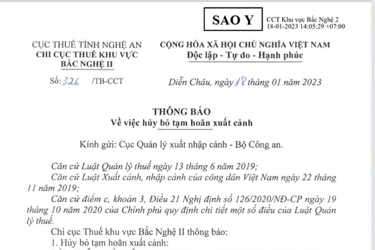 Thông báo hủy bỏ tạm hoãn xuất cảnh đối với 8 trường hợp ở Nghệ An 