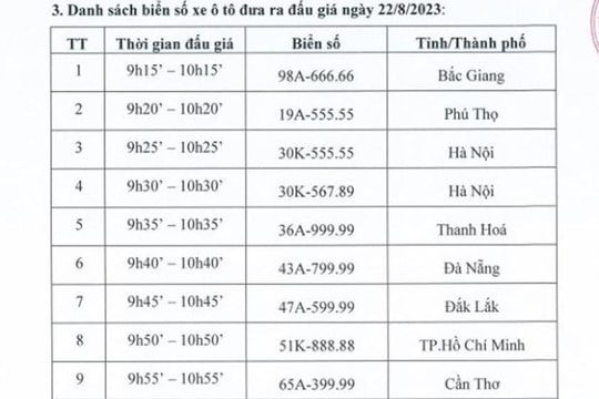 Phiên đấu giá trực tuyến biển số xe ô tô lần thứ nhất sẽ được tổ chức vào ngày 22/8