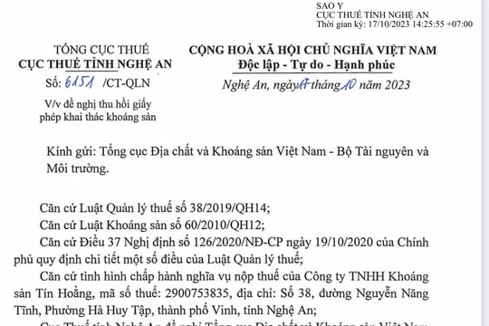 Cục Thuế Nghệ An đề nghị thu hồi giấy phép khai thác khoáng sản một doanh nghiệp 