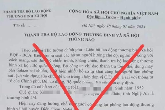Cảnh giác với thông báo giả mạo thanh tra gửi đối tượng chính sách 