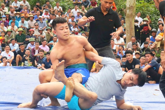 Hấp dẫn những màn đọ sức trên sới vật tại Lễ hội Đền Vua Mai