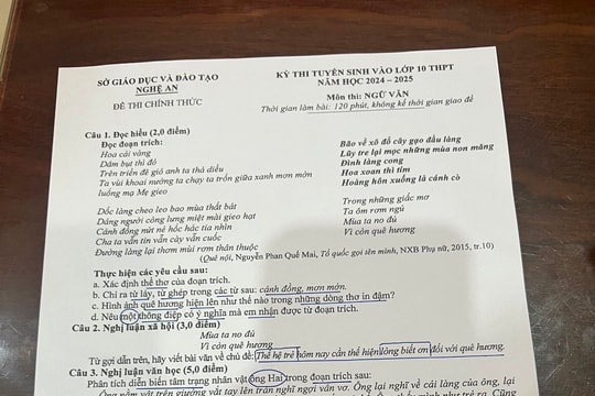 Đề thi môn Văn lớp 10 năm học 2024-2025 của tỉnh Nghệ An