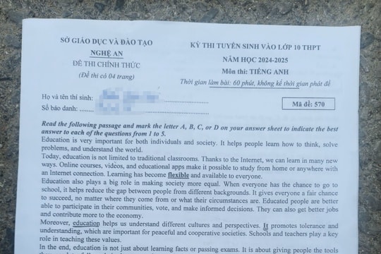 Đề thi môn Tiếng Anh lớp 10 năm học 2024-2025 của tỉnh Nghệ An