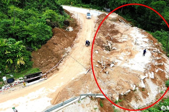 Cận cảnh điểm sụt lún nghiêm trọng trên Quốc lộ 16 đoạn qua Quế Phong