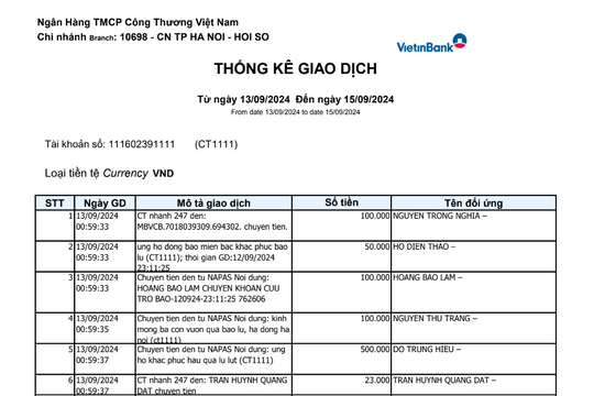 Link tải sao kê của MTTQ Việt Nam ngân hàng Vietinbank CT1111 ngày 13/9 đến 15/9/2024