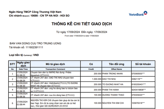 Link tải sao kê của MTTQ Việt Nam ngân hàng Vietinbank CT1111 ngày 16/9 và 17/9/2024