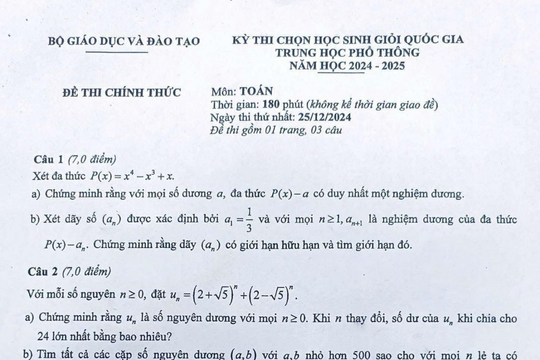 Đề thi Toán học sinh giỏi quốc gia 2024-2025
