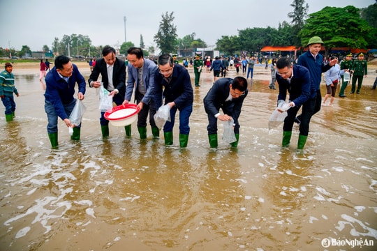 Hàng vạn tôm, cá, ngao giống được phóng sinh ở bãi biển Đền Cờn