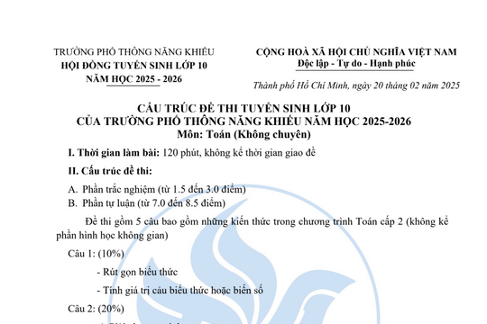 Trường Phổ thông Năng khiếu công bố đề minh họa thi lớp 10 năm 2025