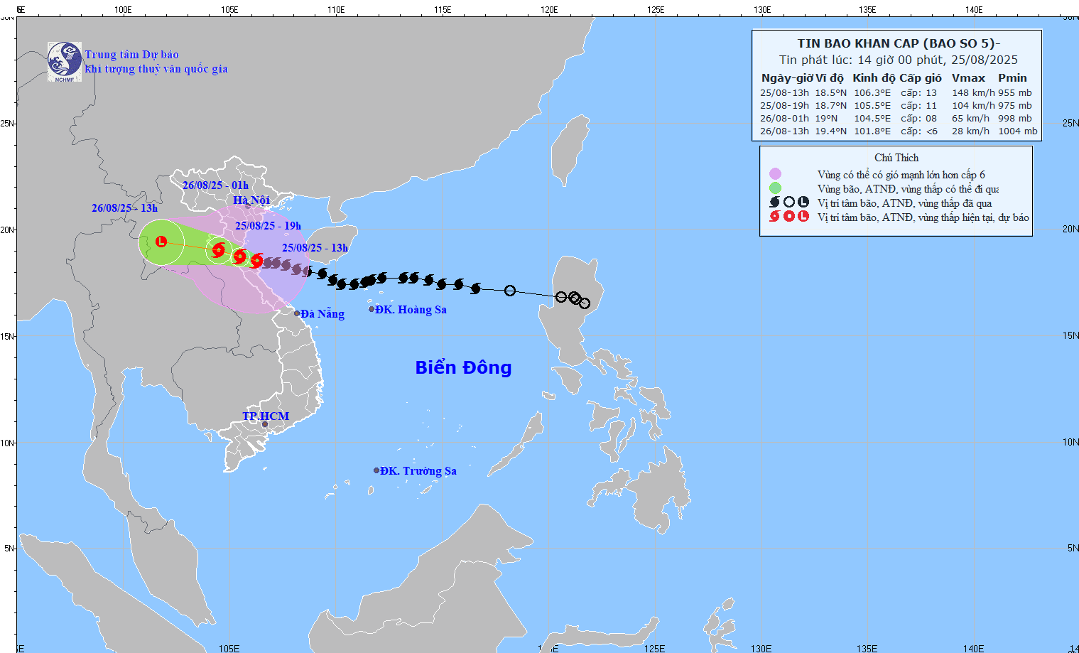 TIN MỚI NHẤT VỀ BÃO SỐ 5 (lúc 14h ngày 25/8)