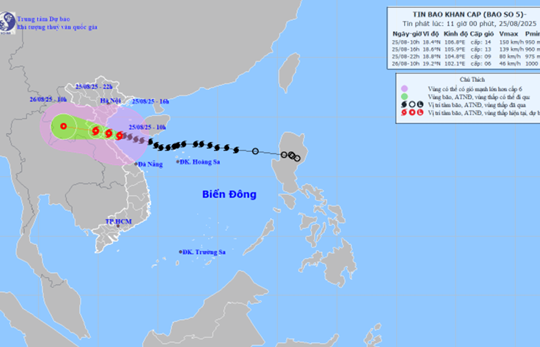 TIN BÃO SỐ 5 (lúc 11h ngày 25/8): Cách Nghệ An khoảng 120km về phía Đông Đông Nam, gió giật cấp 17