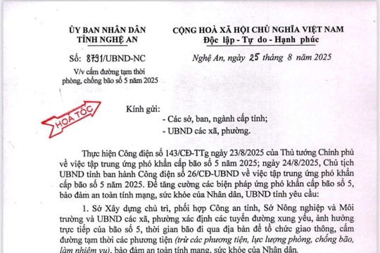 HỎA TỐC: Nghệ An yêu cầu người dân không ra đường từ 11 giờ trưa nay 25/8 để ứng phó bão số 5