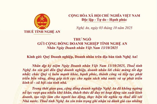 Trưởng Thuế tỉnh Nghệ An gửi Thư chúc mừng đến cộng đồng doanh nghiệp nhân ngày Doanh nhân Việt Nam