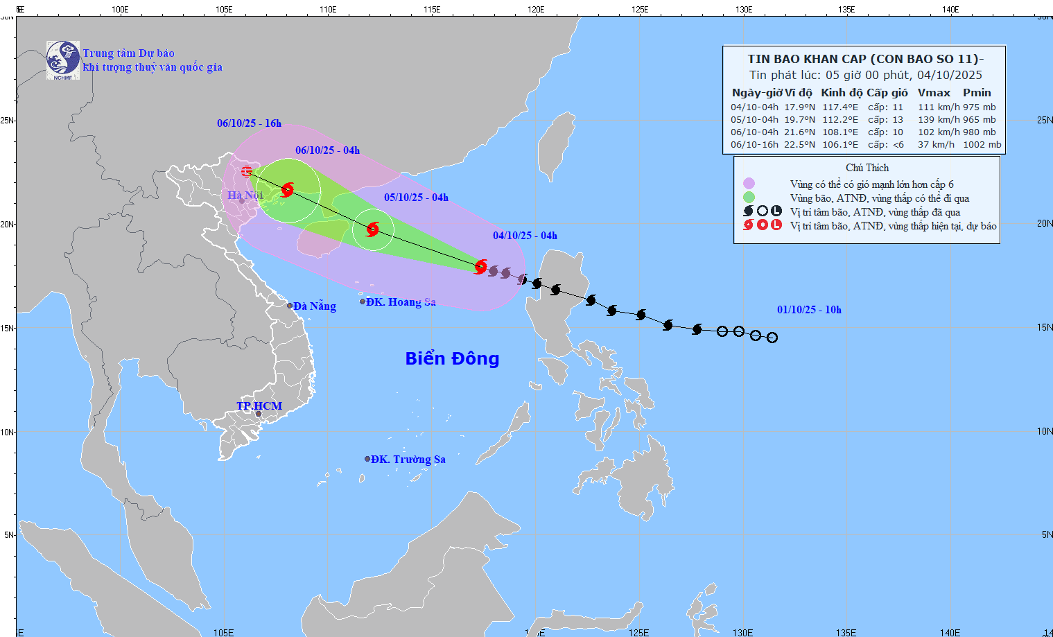 TIN BÃO KHẨN CẤP (Cơn bão số 11): Hồi 4 giờ ngày 4/10, vị trí tâm bão cách đặc khu Hoàng Sa khoảng 570km về phía Đông Đông Bắc