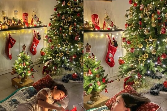 Con gái siêu mẫu Hà Anh ngủ cạnh cây thông chờ Giáng sinh
