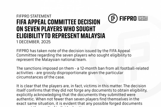 FIFPro phản đối án cấm 12 tháng với 7 cầu thủ Malaysia