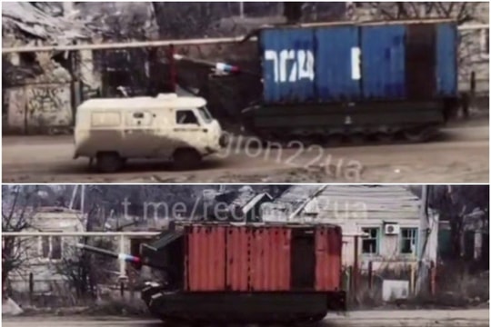 Xe tăng Nga gắn container đường biển chống UAV tấn công