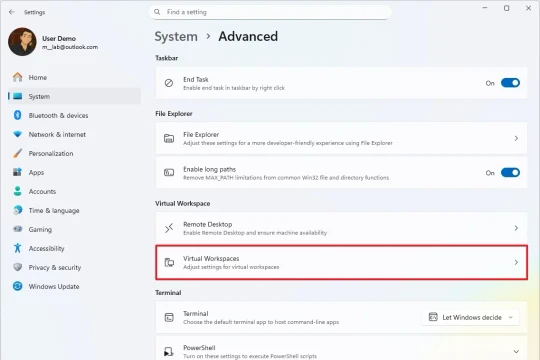 Quản lý tính năng ảo hóa trên Windows 11 qua trang Virtual Workspaces mới