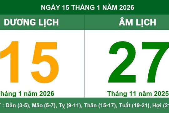 Lịch âm dương ngày 15/1/2026: Ngày Đại An thuận lợi cho khởi sự và cầu tài
