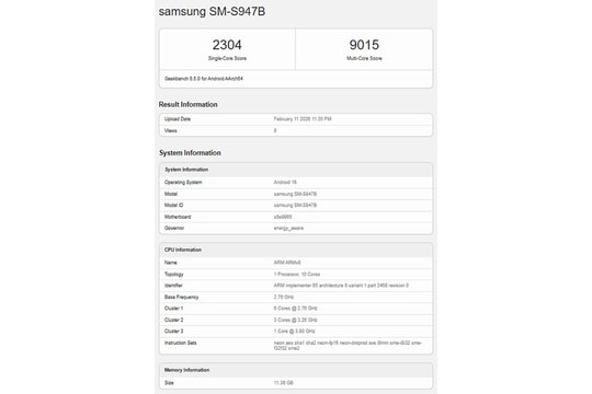 Galaxy S26 Plus bản quốc tế lộ điểm hiệu năng với chip Exynos 2600 và Android 16