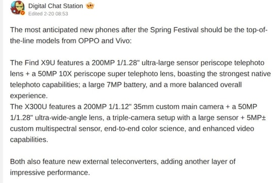 Cuộc đua camera 200MP: OPPO Find X9 Ultra và vivo X300 Ultra lộ thông số kỹ thuật ấn tượng
