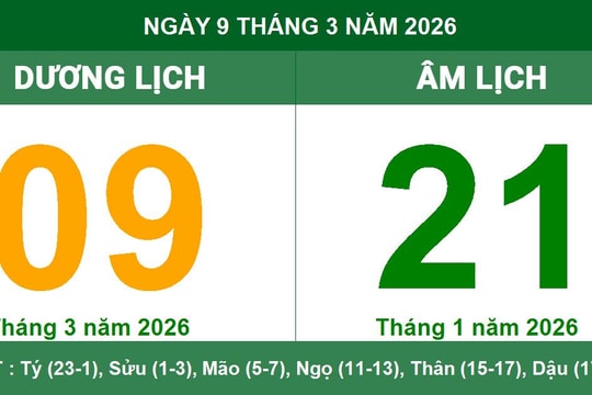 Lịch Âm Dương ngày 9/3/2026: Thông tin giờ Hoàng Đạo và tuổi xung khắc
