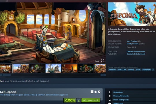 Steam tặng miễn phí Deponia: Cơ hội sở hữu game phiêu lưu giải đố cực hay với 77% đánh giá tích cực