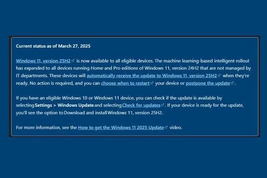 Microsoft tự động nâng cấp Windows 11 25H2 để duy trì bảo mật cho người dùng