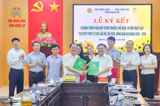 Hội Nông dân và Hội Luật gia tỉnh Nghệ An ký kết chương trình phối hợp giai đoạn 2026 – 2030