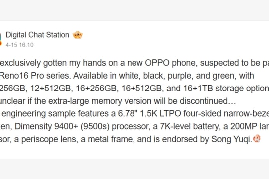 Lộ diện thông số OPPO Reno16 Pro với camera 200MP và pin khủng 7,000 mAh