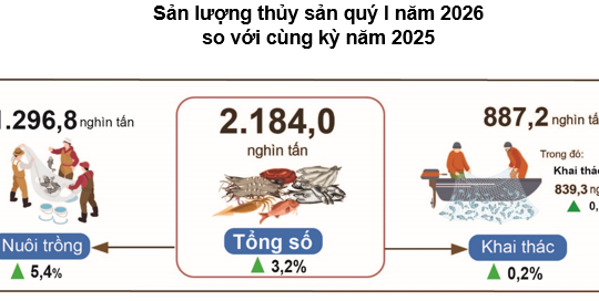 Sản lượng thủy sản Quý I/2026 đạt 2,18 triệu tấn, xuất khẩu tăng trưởng 13,3%