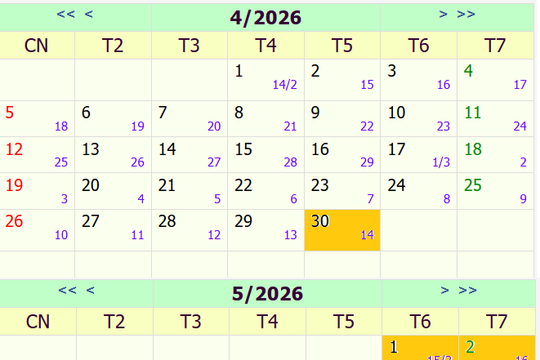 Lịch nghỉ lễ 30/4 và 1/5 năm 2026: Người lao động được nghỉ 4 ngày liên tiếp
