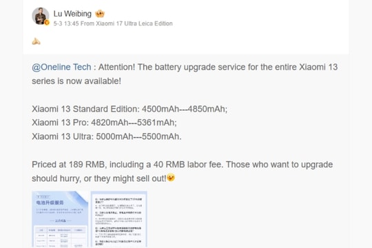 Xiaomi nâng cấp pin dung lượng cao cho dòng Xiaomi 13: Dung lượng tăng vọt, giá 189 nhân dân tệ
