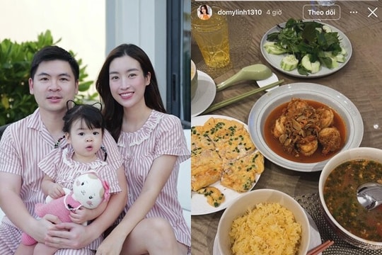 Hoa hậu Đỗ Mỹ Linh khoe mâm cơm gia đình giản dị và lộ diện với bụng bầu