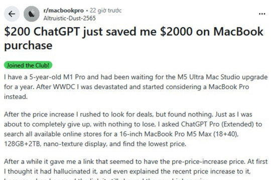 Săn MacBook Pro M5 Max rẻ hơn 2000 USD nhờ ChatGPT Pro: Khi AI trở thành trợ lý mua sắm đắc lực