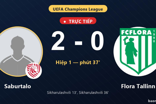 Trực tiếp Saburtalo vs Flora Tallinn: Hết hiệp 1, Saburtalo dẫn 2-0
