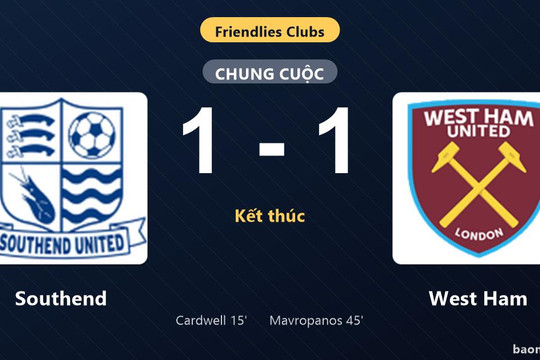 Thống kê trận đấu Southend 1-1 West Ham: Hai đội chia điểm