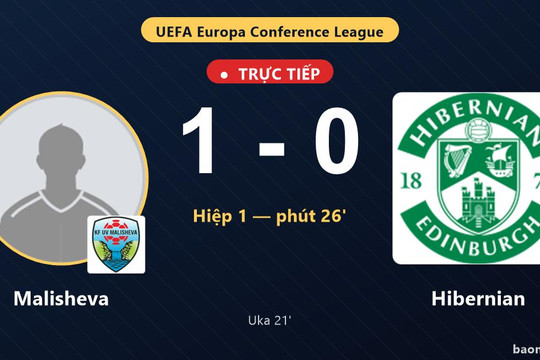 Trực tiếp Malisheva vs Hibernian: Hiệp 2 bắt đầu, Malisheva dẫn 1-0