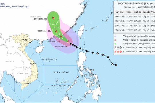 Dự báo diễn biến Bão số 2 trên Biển Đông ngày 25/07/2026: Gió giật cấp 15, sóng cao 7m