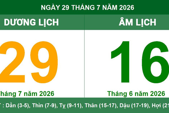 Lịch Âm Dương ngày 29/7/2026: Giờ hoàng đạo, tuổi xung và việc nên cân nhắc
