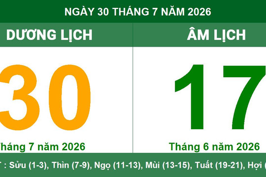 Lịch Âm Dương ngày 30/07/2026: Ngày Tiểu Cát thuận lợi và giờ hoàng đạo