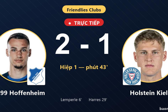 Trực tiếp 1899 Hoffenheim vs Holstein Kiel: Hiệp 2 bắt đầu, 1899 Hoffenheim dẫn 2-1