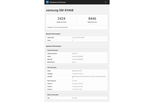 Galaxy Tab S12 Ultra lộ điểm Geekbench: Vi xử lý Dimensity 9500 thể hiện sức mạnh vượt trội