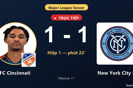 Trực tiếp FC Cincinnati vs New York City FC: New York City FC gỡ hòa 1-1