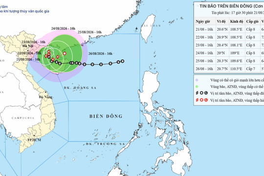 Cảnh báo bão số 4 hình thành trên Vịnh Bắc Bộ ngày 21/08/2026, vùng gần tâm bão giật cấp 10