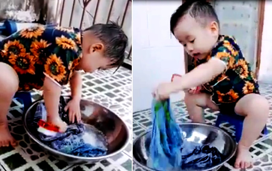 Video bé trai 3 tuổi tự giặt quần áo